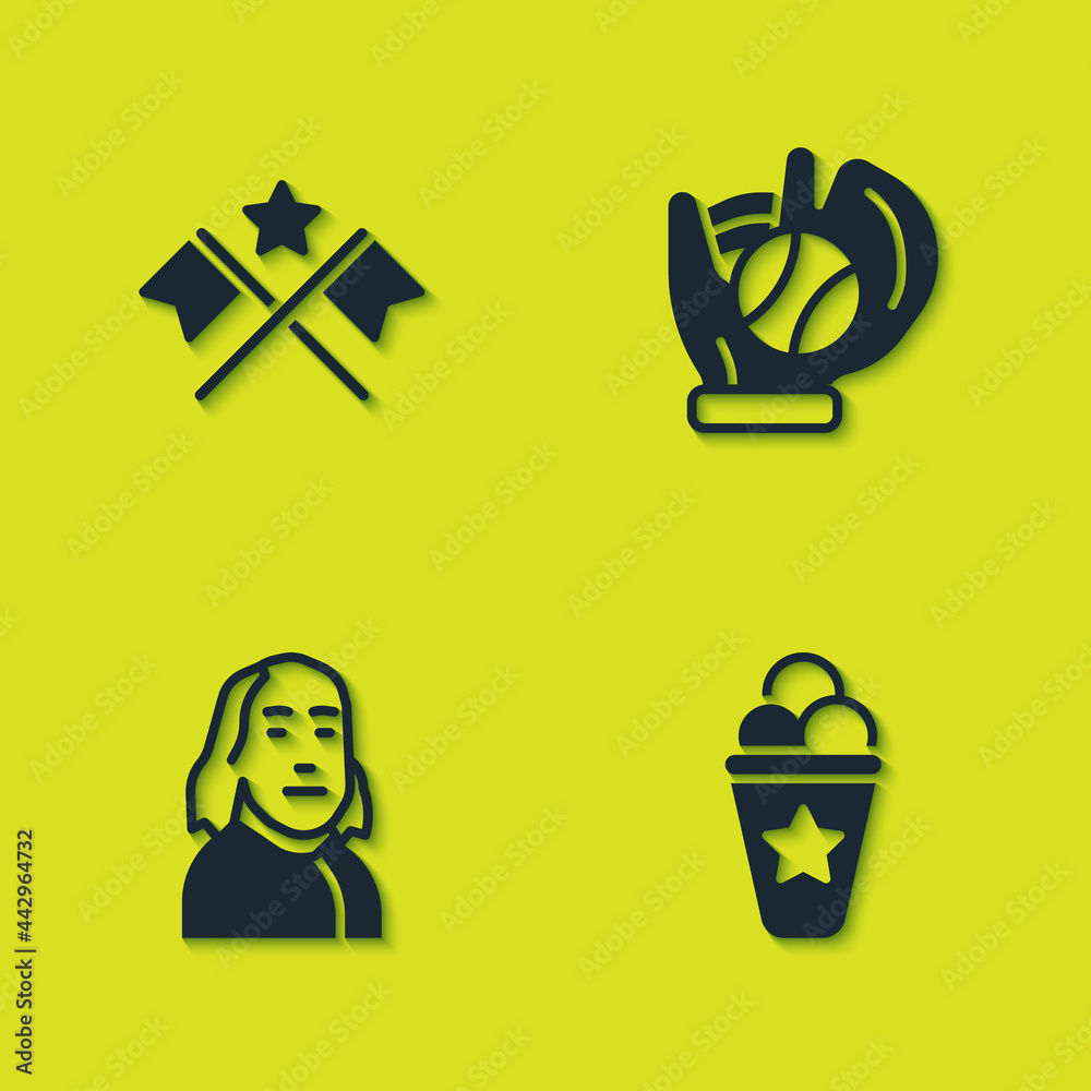 Sticker Set American flag, Ice cream in waffle cone, Benjamin Franklin and Baseball glove with ball icon. Vector