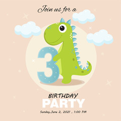 Obraz premium Cute baby boy dinosaur. Birthday invitation .