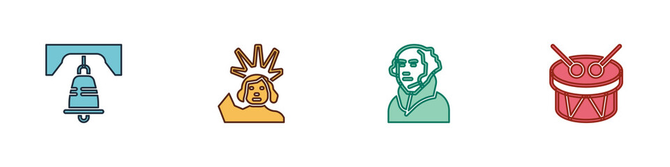Set Liberty bell in Philadelphia, Statue of, George Washington and Drum and drum sticks icon. Vector