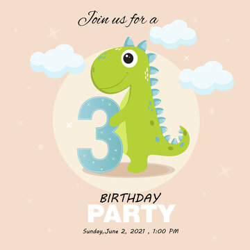 Cute baby boy dinosaur. Birthday invitation .