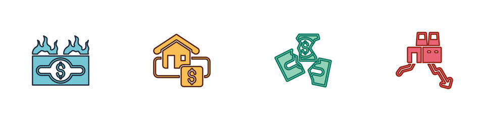 Set Burning dollar bill, Hanging sign with Sale, Tearing money banknote and Shutdown of factory icon. Vector