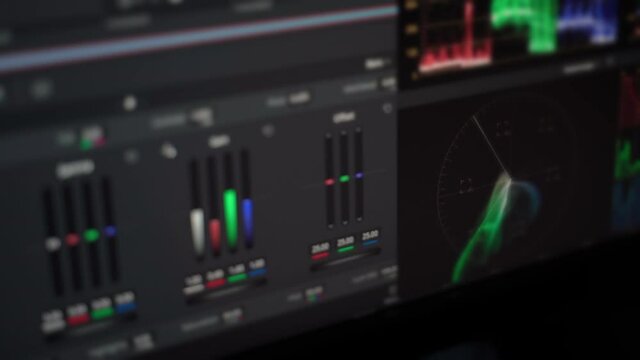 Color correction post production video grading closeup 4k. Monitor view of working process broadcast or photo editing in software. Color bars and scopes show working process on screen