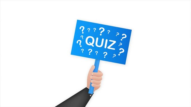 Quiz. Cartoon poster with hand holding placard for banner design. Banner, Billboard design. Motion graphics.