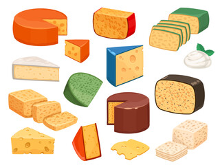 Cheese types. Cartoon cutted parmesan, brie triangle, mozzarella, gouda cheddar and feta slices. Tasty dairy food product. Cheese vector set