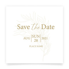 Save the date card. Wedding invitation template, with leaves in line. Minimalism style.