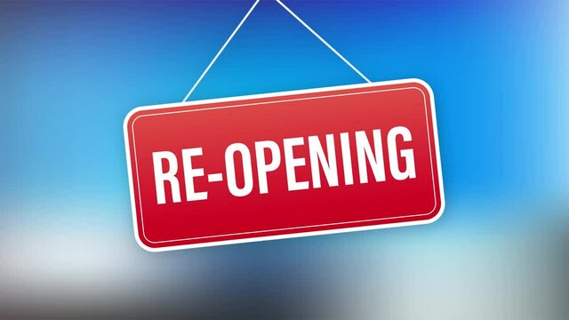 Re opening hanging sign on white background. Sign for door. Motion graphics.