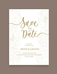 Save the date card. Wedding invitation template, with flowers peony in line. Minimalism style with calligraphy.