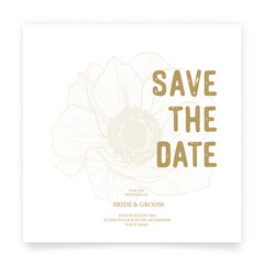 Save the date card. Wedding invitation template, with flowers anemone in line. Minimalism style with calligraphy.