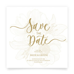 Save the date card. Wedding invitation template, with flowers: peony, poppy, lily in line. Minimalism style with calligraphy.