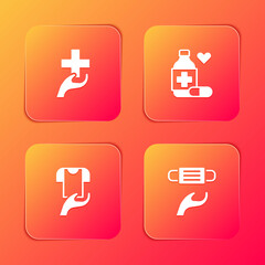 Obraz premium Set Heart with cross, Medicine bottle and pills, Clothes donation and Medical protective mask icon. Vector