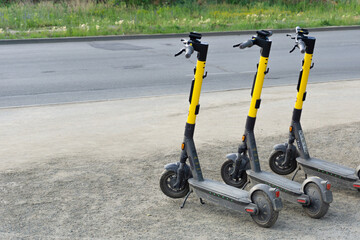 Electric scooters are parked by the road. Yellow and black scooters stand near the park....