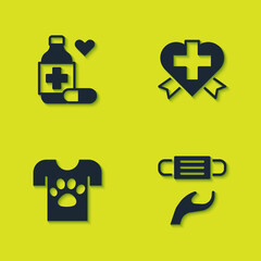 Set Medicine bottle and pills, Medical protective mask, Animal volunteer and Heart with cross icon. Vector
