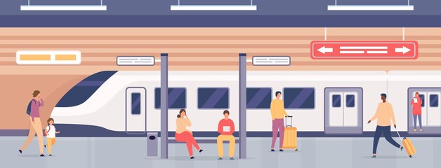 Subway platform with people. Passengers on metro station waiting for train. City underground public railway transport, flat vector concept © Tartila