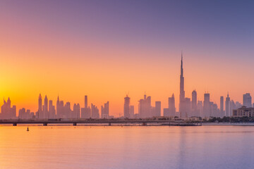 Fototapeta na wymiar morning silence above bay with view to Dubai skyscrapers with copy space