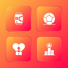 Set Beer can, Soccer football ball, Football or soccer player and Award over sports winner podium icon. Vector
