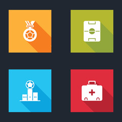Set Football or soccer medal, field, Award over sports winner podium and First aid kit icon. Vector