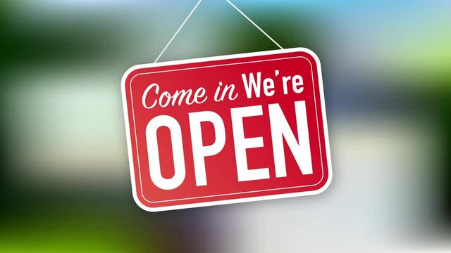 Come in we re open hanging sign on white background. Sign for door. Motion graphics.