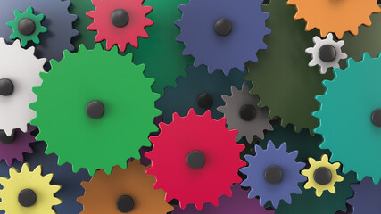Gear mechanism with multi-colored gears. Mechanical theme illustration - obrazy, fototapety, plakaty