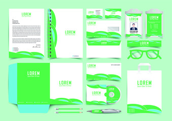 Stationery Corporate Brand Identity Mockup set with green and white abstract geometric design. Business stationary mockup template of Guide, annual report cover, brochure, bag, corporate Letterhead.