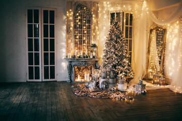 warm and cozy evening in Christmas room interior design,Xmas tree decorated by lights presents...