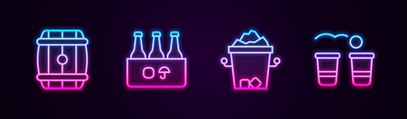 Set line Wooden barrel, Pack of beer bottles, Ice bucket and Beer pong game. Glowing neon icon. Vector