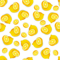 Vector illustration. Juicy summer background from hand-drawn lemons on a white backdrop. Seamless pattern. Lemon full face, close-up, whole and cut, halves, slices.