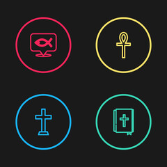 Set line Christian cross, Holy bible book, Cross ankh and fish icon. Vector