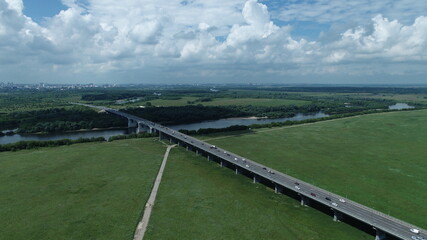 Aerial view of flooded meadows and the Oka river near the city of Ryazan