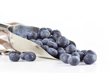 Blueberries in a metal scoop and scattered on the white background.
