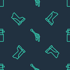 Set line Honey dipper stick, Waterproof rubber boot and Can container for milk on seamless pattern. Vector