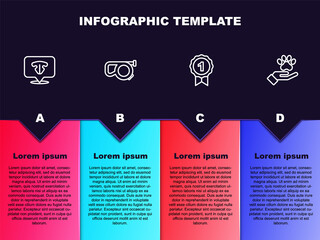 Set line Cat nose, Retractable cord leash, Dog award symbol and Hands with animals footprint. Business infographic template. Vector