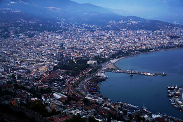 Alanya city - Turkey, harbor in the evening. View of the night pier