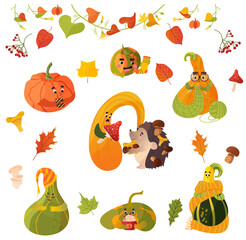 Beautiful autumn set. Colorful leaves, berries and mushrooms. Pumpkins characters drinking coffee, eating donuts, knitting scarf, sleeping. Vector illustration in cartoon style