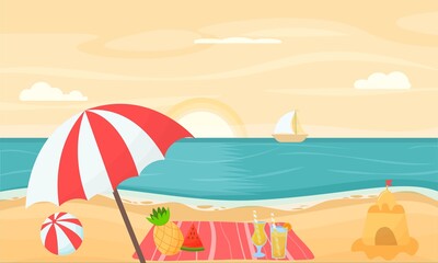 The concept of a summer beach on the seashore. Design of the background of a summer tropical trip.