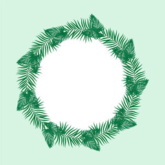 Round green frame made of palm leaves. Vector flat design elements