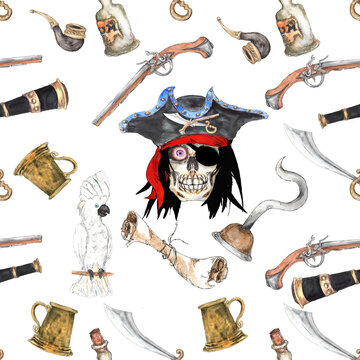 Watercolor Pirate adventure colorful objects seamless pattern