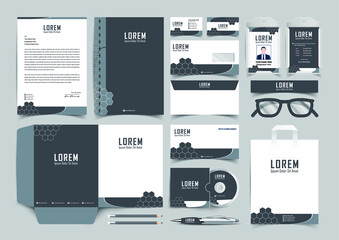 Stationery Corporate Brand Identity Mockup set with blue and white abstract geometric design. Business stationary mockup template of Guide, annual report cover, brochure, bag, corporate Letterhead.