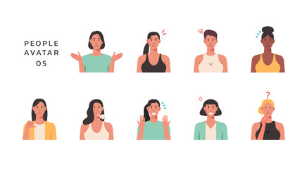 People portraits of young women with negative emotion, female faces avatars isolated icons set, vector design flat style illustration