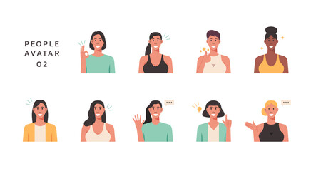 People portraits of young women with positive emotion, female faces avatars isolated icons set, vector design flat style illustration