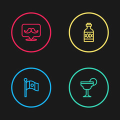 Set line Mexico flag, Margarita cocktail, Tequila bottle and Mustache icon. Vector