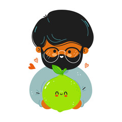 Young cute funny man hold lime in hand. Young man hugs cute lime. Isolated on white background. Vector hand drawn doodle style cartoon character illustration icon design