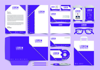 Stationery Corporate Brand Identity Mockup set with blue and white abstract geometric design. Business stationary mockup template of Guide, annual report cover, brochure, bag, corporate Letterhead.