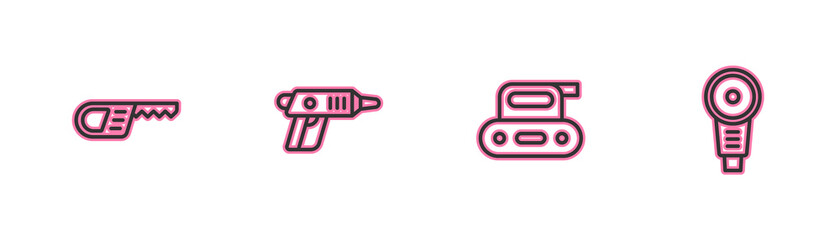 Set line Reciprocating saw, Electric planer tool, cordless screwdriver and Angle grinder icon. Vector
