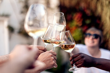 toast with white wine. multiracial people clinking glasses with wine on terrace, cafe, restaurant, party.