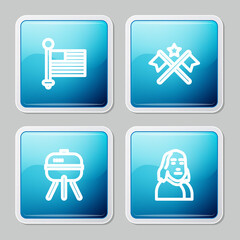 Set line American flag, , Barbecue grill and Benjamin Franklin icon. Vector