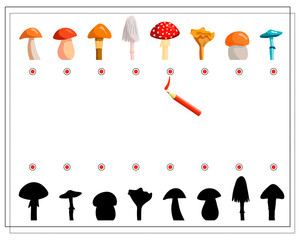 A logical game for children, find the right shadow for mushrooms. Vector isolated on a white background © Владимир Маевский