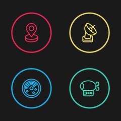 Set line Radar with targets on monitor, Airship, and Location icon. Vector