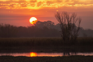 Sunset with orange sky – Sun near the horizon at dusk in San Vicente, Buenos Aires, Argentina. Sun reflects in the lagoon and some clouds in the sky
