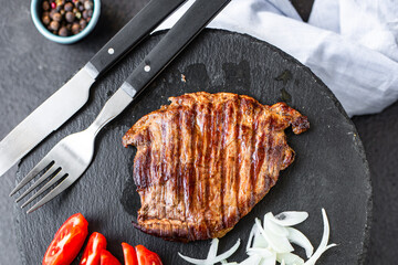 fresh steak beef juicy grilled meat barbecue portion B-B-Q on the table, healthy food meal snack copy space food background rustic. top view keto or paleo diet