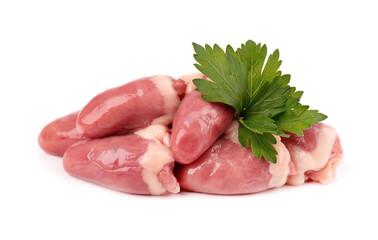 Chicken hearts raw isolated on white background. Fresh chicken broiler hearts with parsley leaves. Close up.